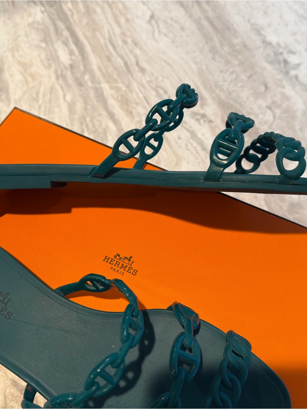 Hermès Rivage Teal Chain Strap Slides 37 - Picture 9 of 11